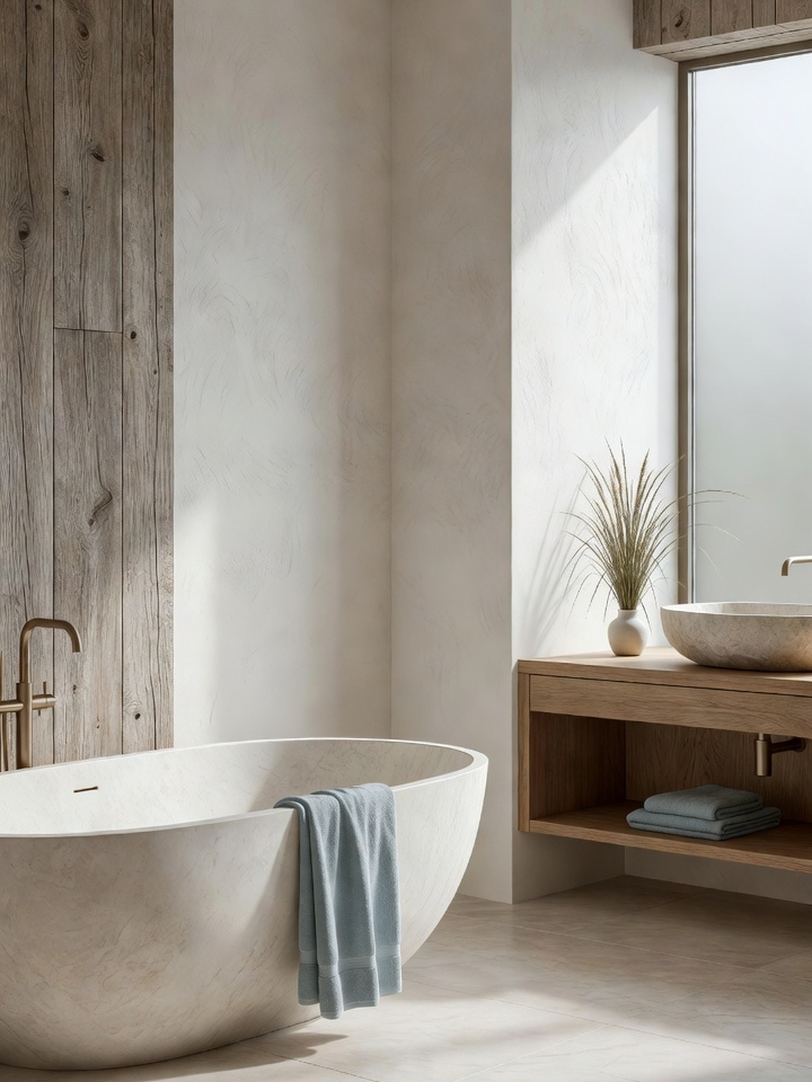 Badkamer met vrijstaand bad en natuursteen