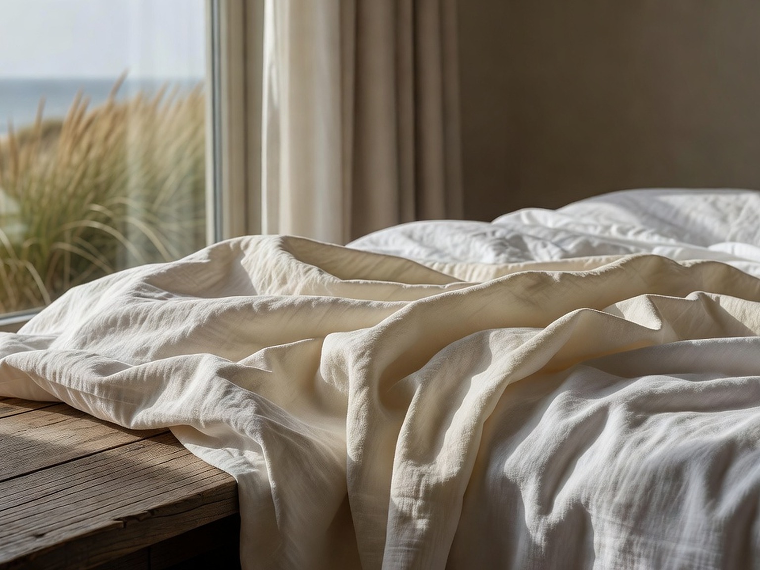 Detail van linnen beddengoed en kamer­sleutel