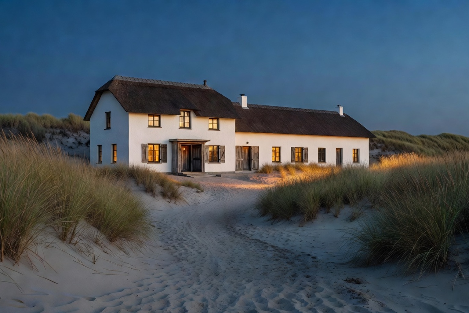 Het hotel in het gouden uur, warme ramen