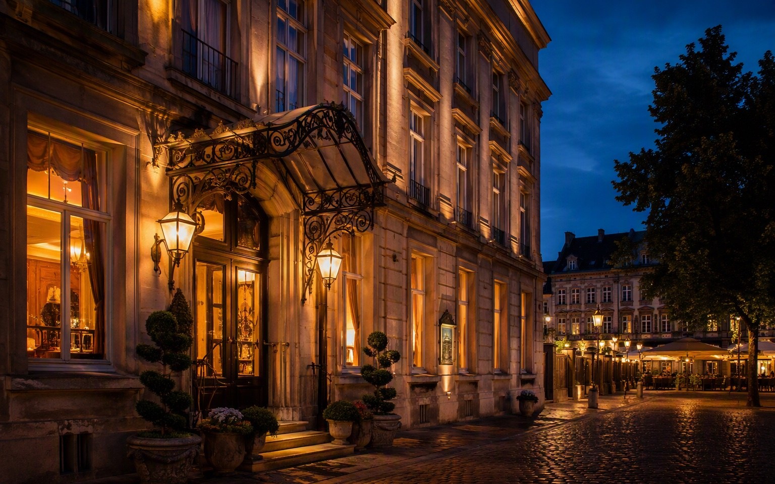 Het herenhuis in avondlicht, met warme ramen en lantaarns