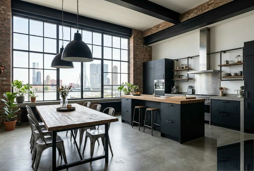 Industrieel loft met hoge ramen en zicht op de Rotterdamse haven