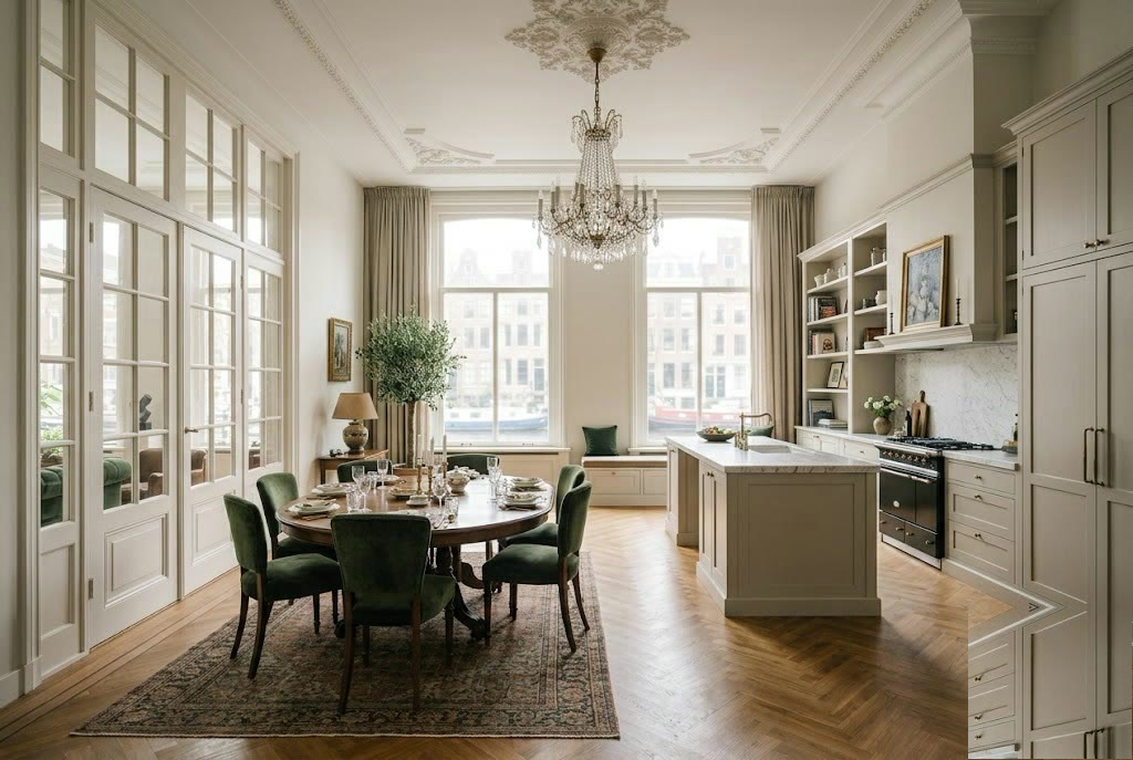 Grachtenpanden aan de Amsterdamse Herengracht in avondlicht