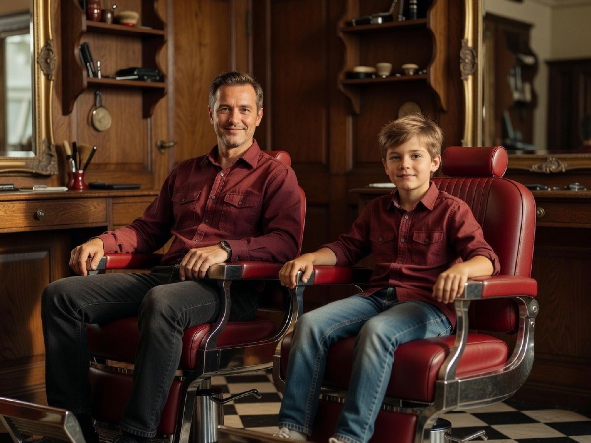 Vader en zoon naast elkaar in de kappersstoel