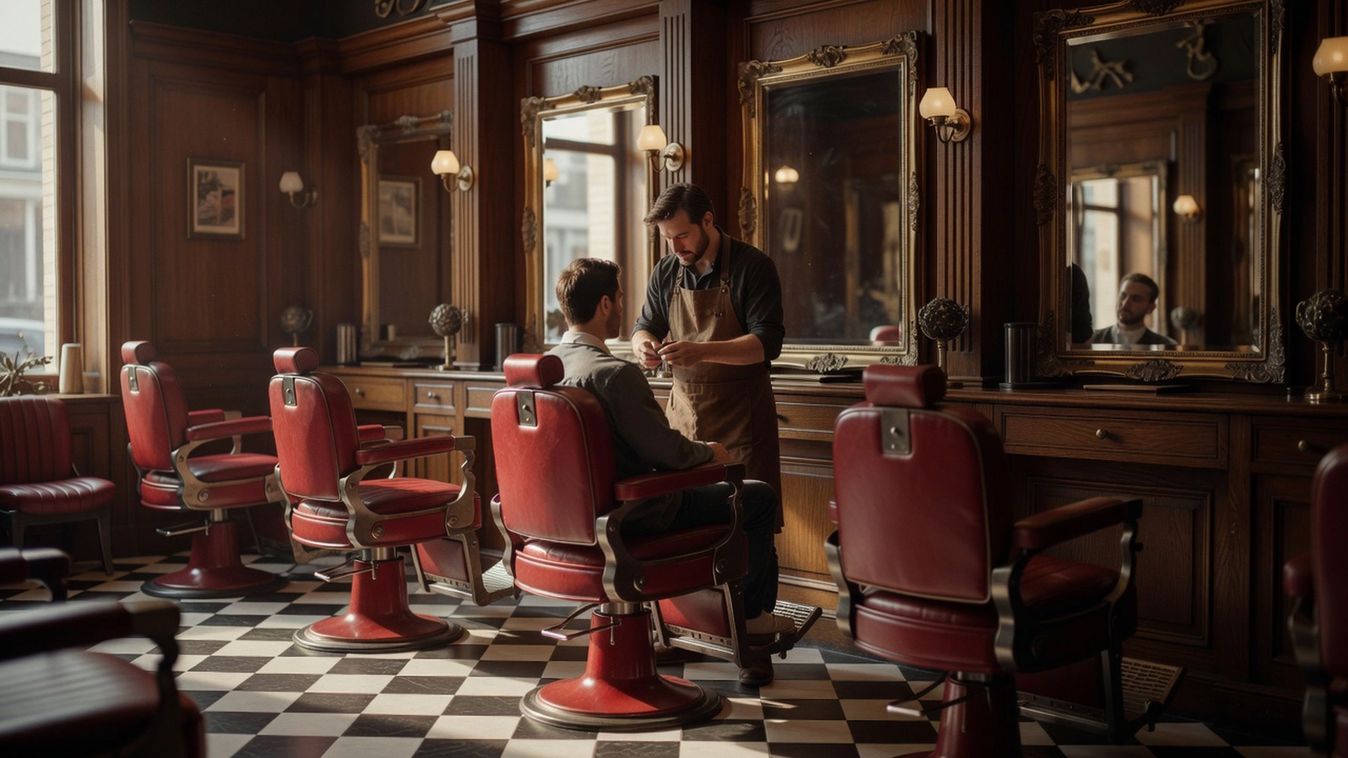 Klassiek interieur van Barber & Bone met bordeaux leren stoelen