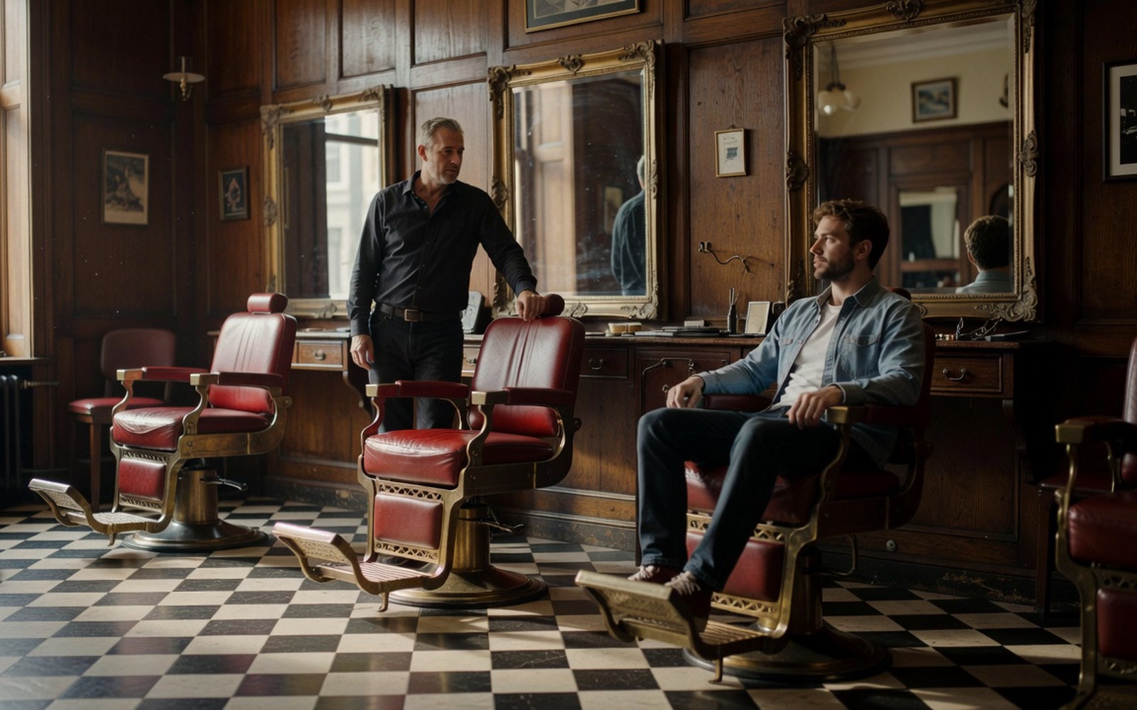 Overzicht van de barbershop met houten vloer en antieke spiegels