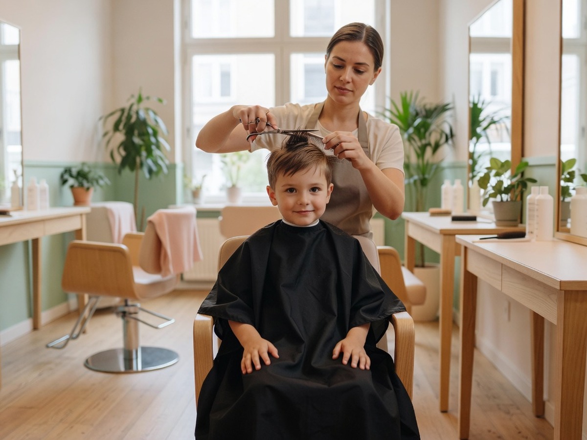 Jongetje wordt geknipt op een kinderzitje
