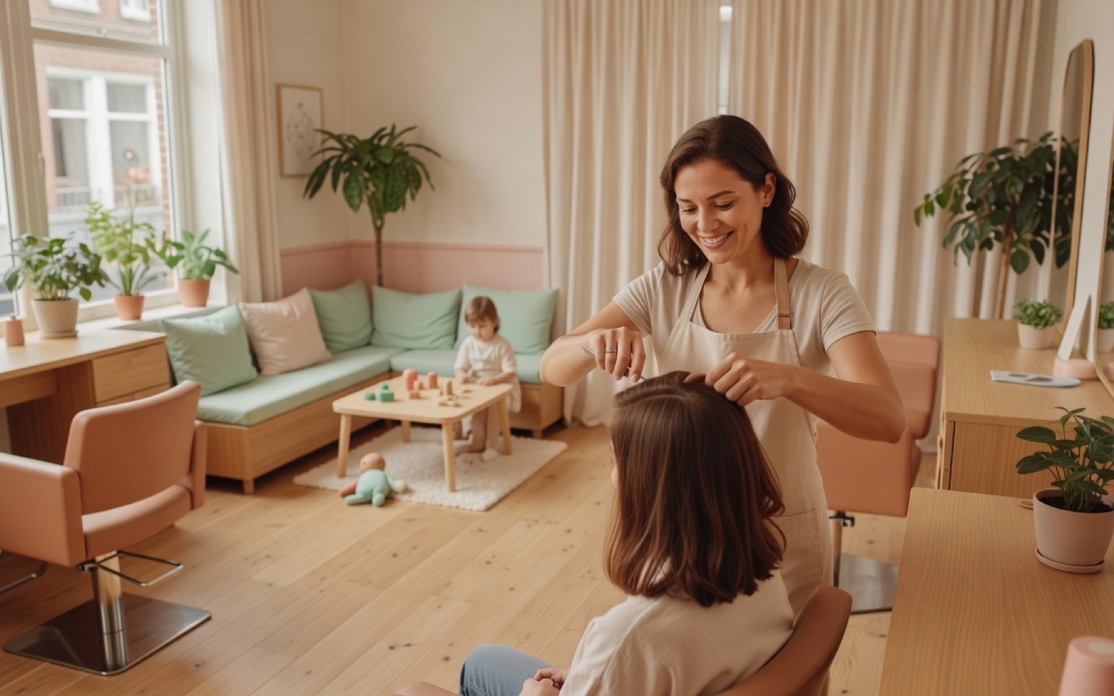 Overzicht van de salon met kinderhoek