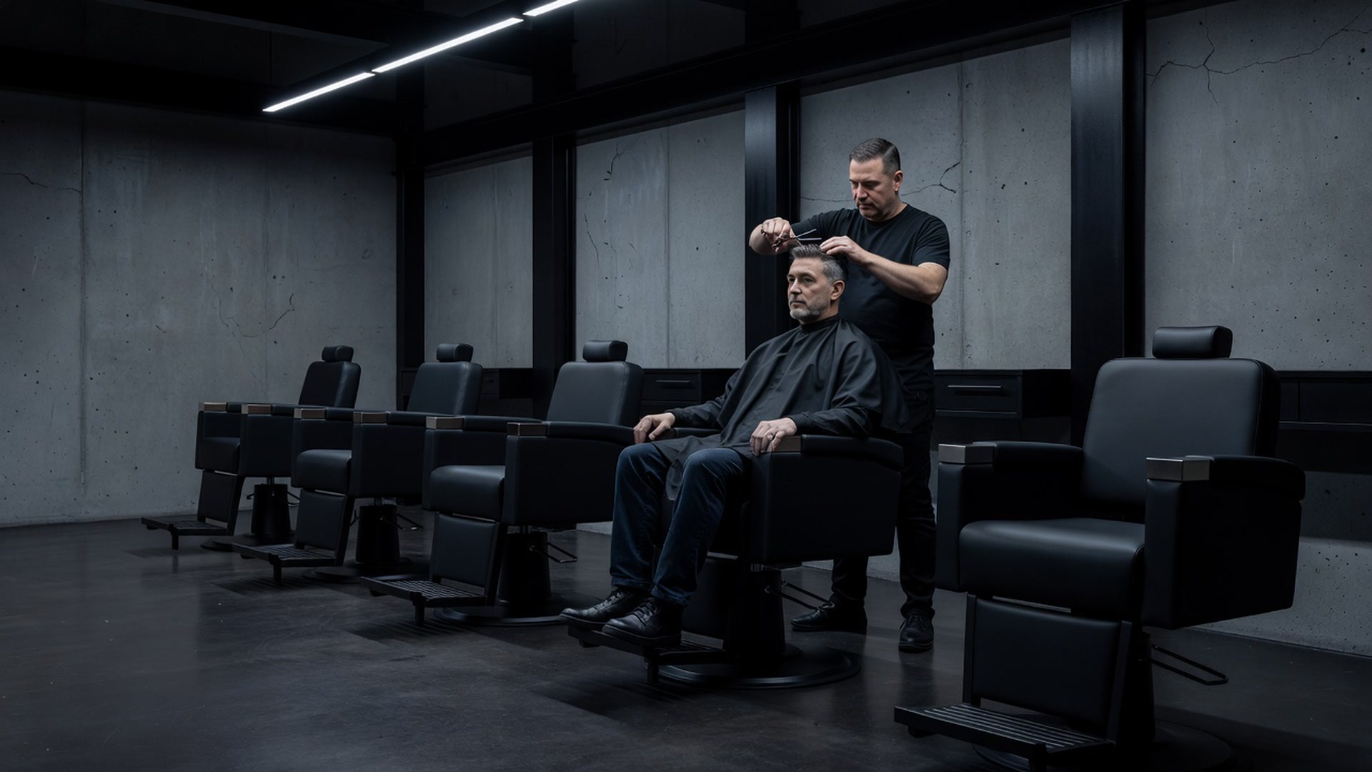 Donker modern interieur van Kapsalon Nox met zwarte kappersstoelen