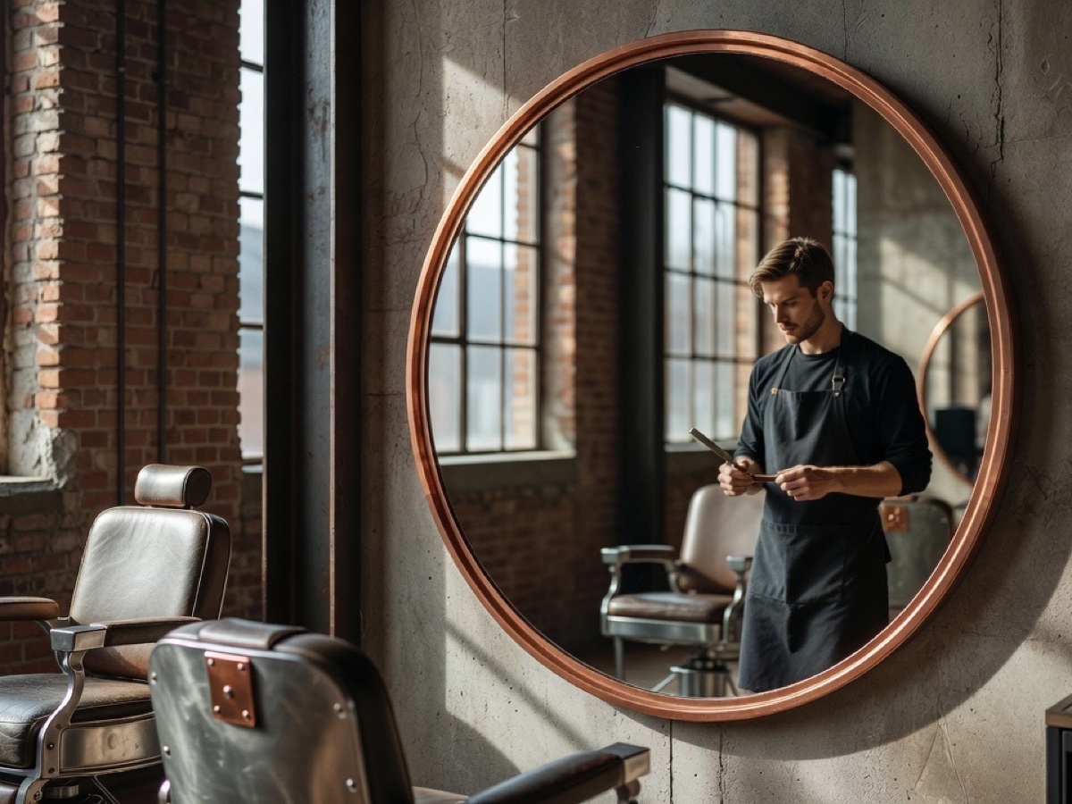 Spiegel met koperen rand weerspiegelt de barbier