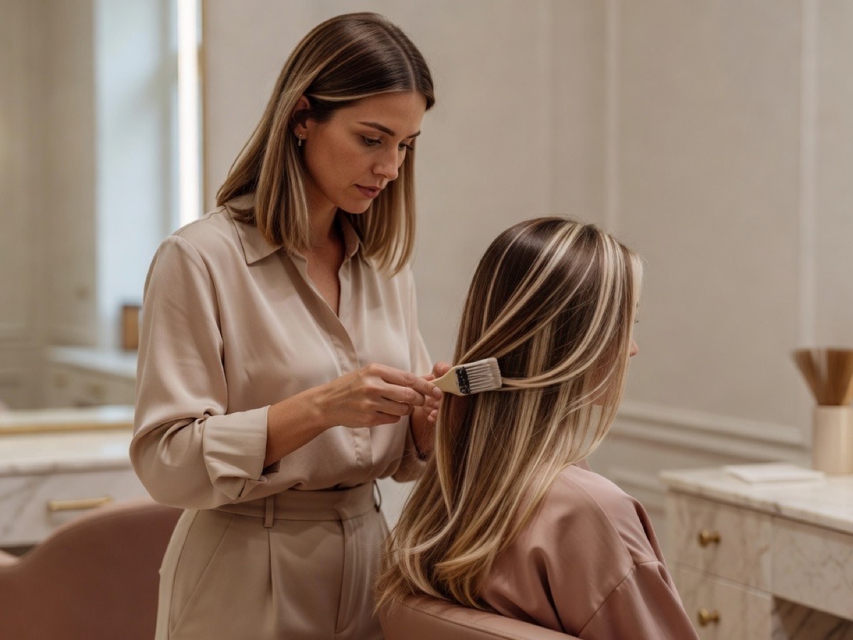 Balayage wordt aangebracht op lang haar