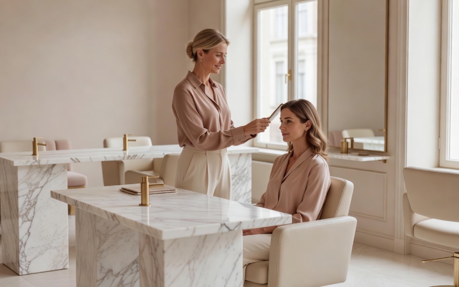 Overzicht van de salon met marmeren werktafels